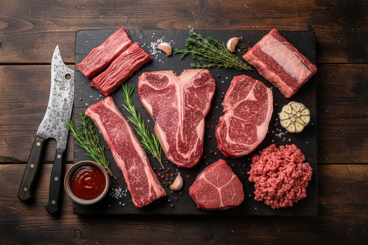 cuts of beef on wood background view from above
